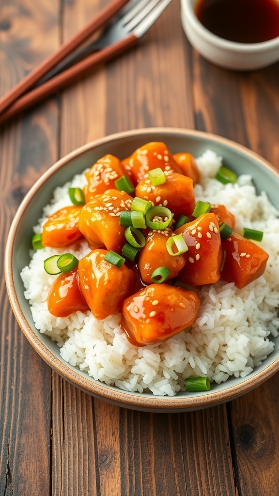 Crispy orange chicken on rice, garnished with green onions and sesame seeds.